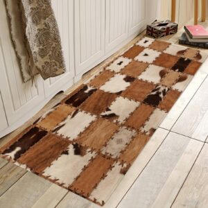 Cowhide Rug for Living Room Brown Runner Rug for Hallway 2x6 Farmhouse Western Throw Rug,Patchwork Cow Fur Print Area Rug Non-Slip Floor Carpet for Bedroom Living Room Entrance Door Mat Washable Rug