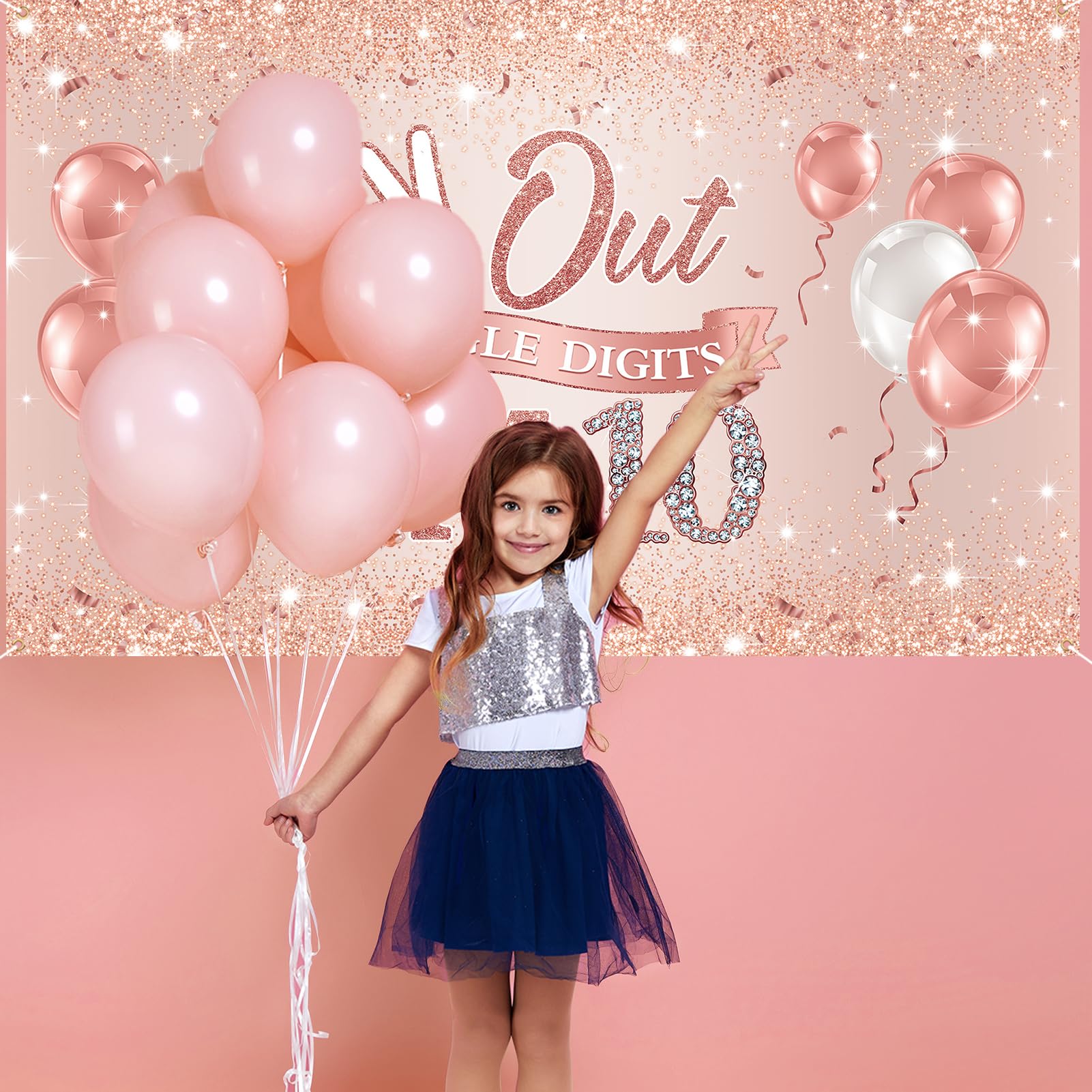 Holkcog Rose Gold Happy 10th Birthday Party Banner Backdrop for 10-Year-Old Girls Double Digits Birthday Girl "I'm 10" Bday Banner Rose Gold 10th Birthday Photo Background 10th Party Decorations supply