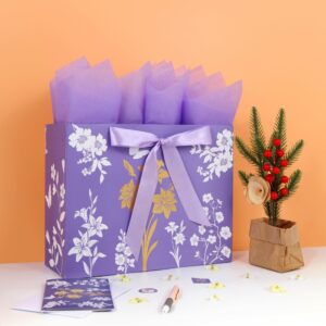 13" Large Purple Gift Bag Set with Greeting Card and Lavender Tissue Papers (Gold Foil Tree) for Women's Birthday Party, Mother's Day, Wedding, Girls