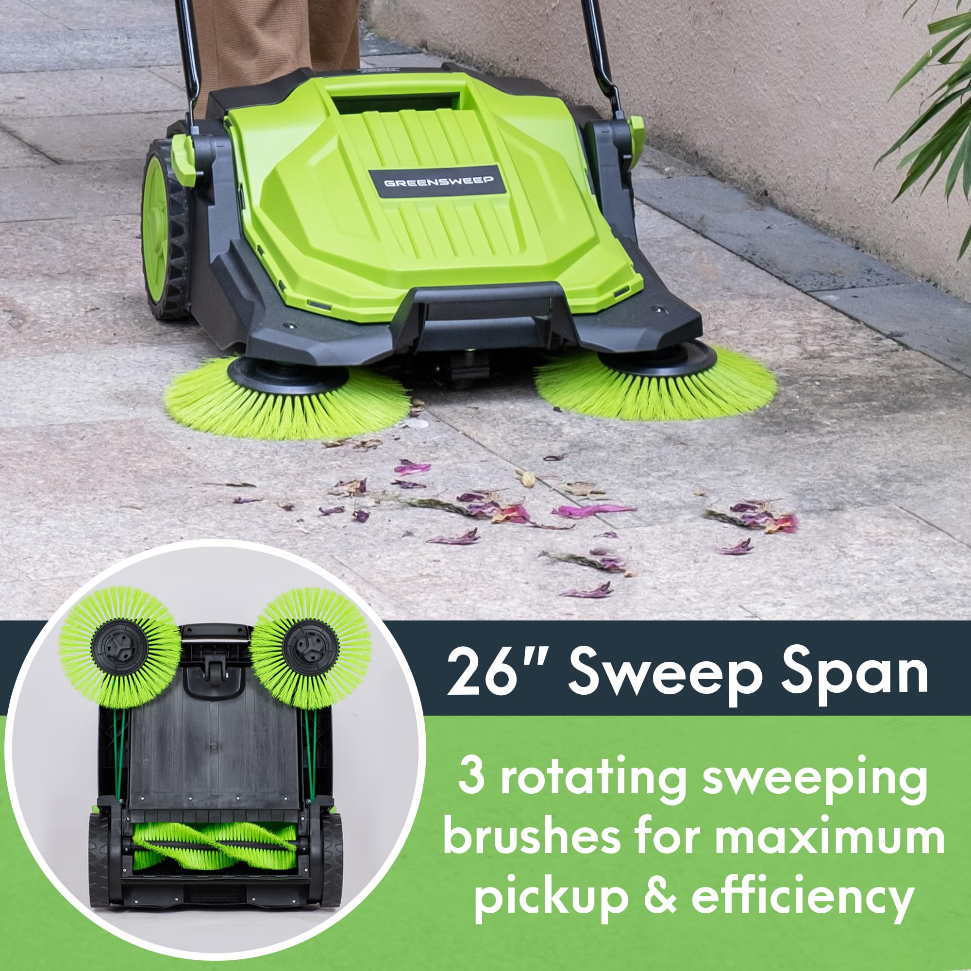 GreenSweep - Walk Behind Manual Push Floor Sweeper - 5 Gallon Capacity - Easy Storage - Outdoor Use - Additonal Heavy Duty Brush Set