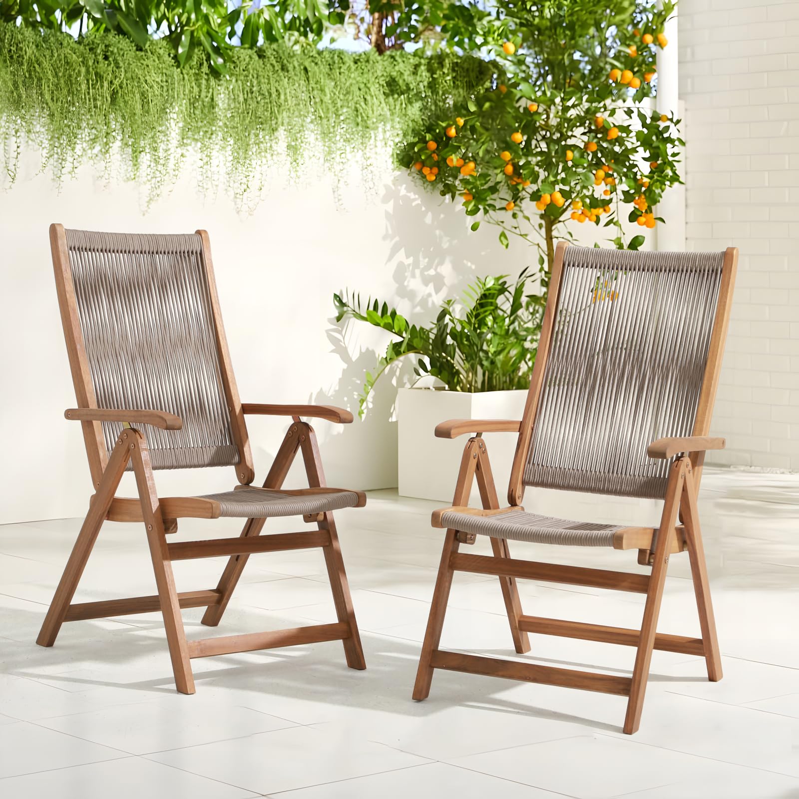 OC Orange-Casual Folding Patio Dining Chair Set of 4, Outdoor Acacia Wooden Rope Reclining Chair w/Armrest, FSC Certified Wood, for Porch, Backyard, Garden, Indoor, Beige