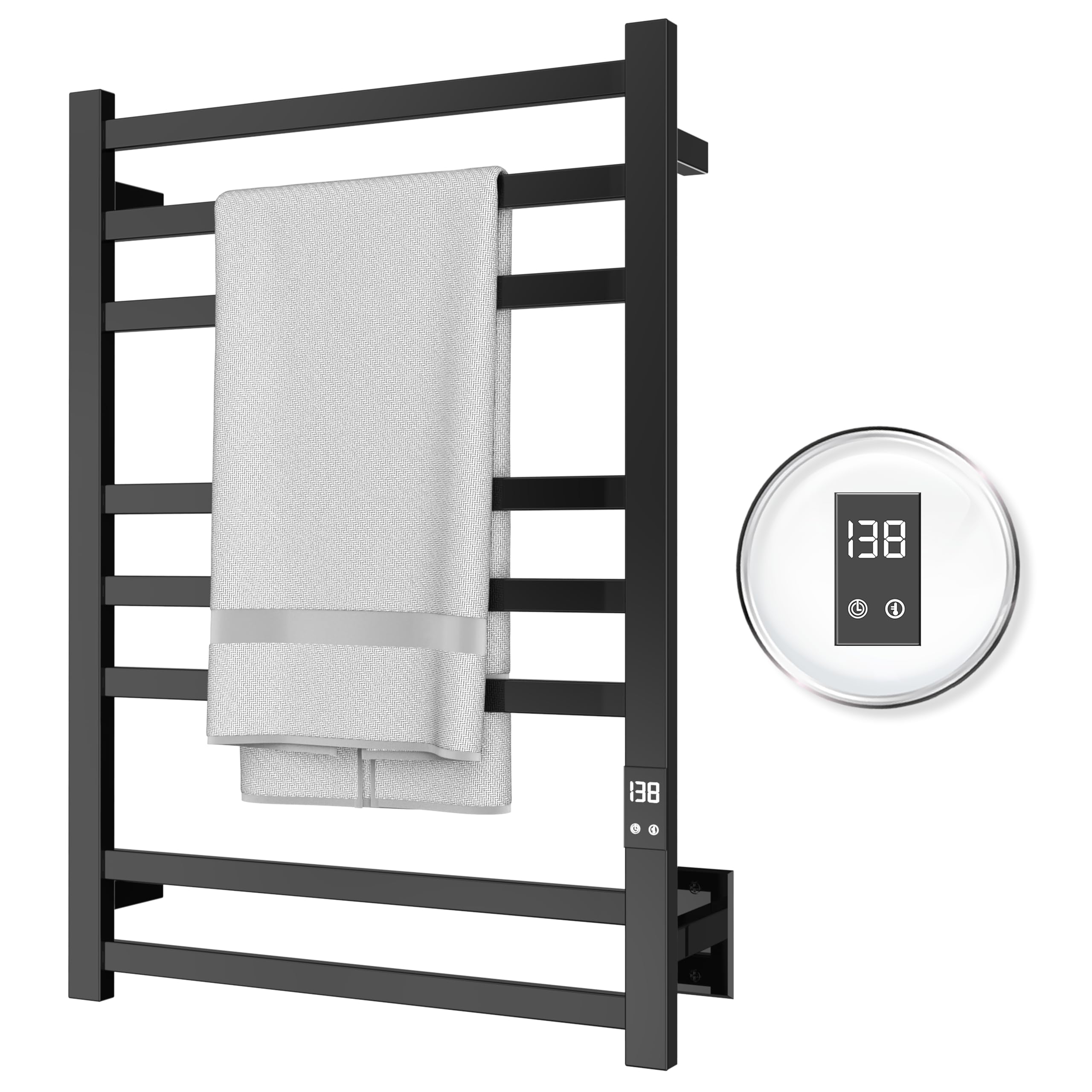 PeakTrivol 8-Bar Towel Warmer with Fast Heating, Auto Shut-Off Timer, Matte Black Finish - Hardwired or Plug-in Options - Ideal for Hot Towels in Bathroom