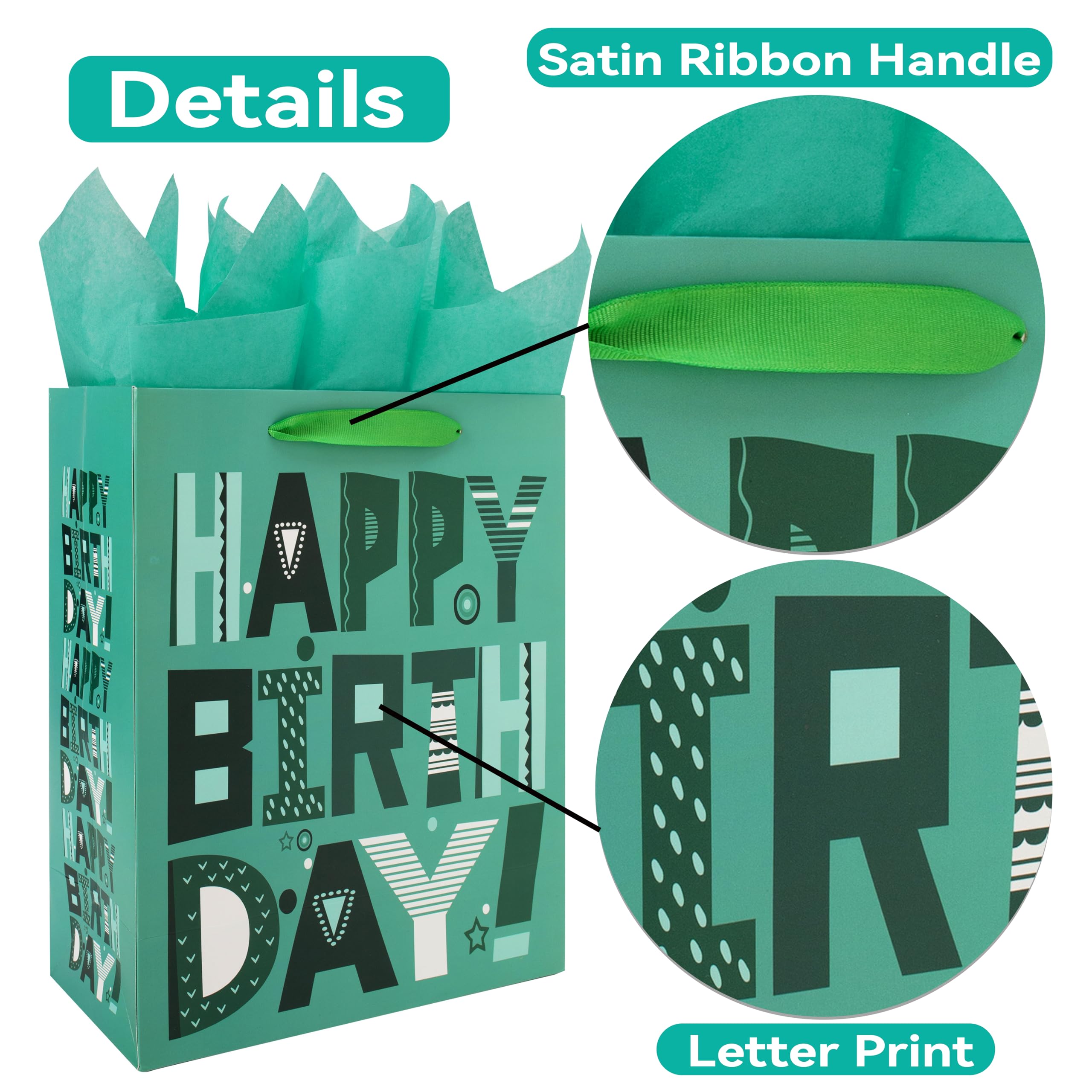 16.5" Extra Large Green Gift Bags Set with Greeting Card and Tissue Papers (Cartoon Happy Birthday) for Men's or Women's Birthday Party, Boys', Girls', or Kids' Party, Baby Shower, Baby Boy or Girl -