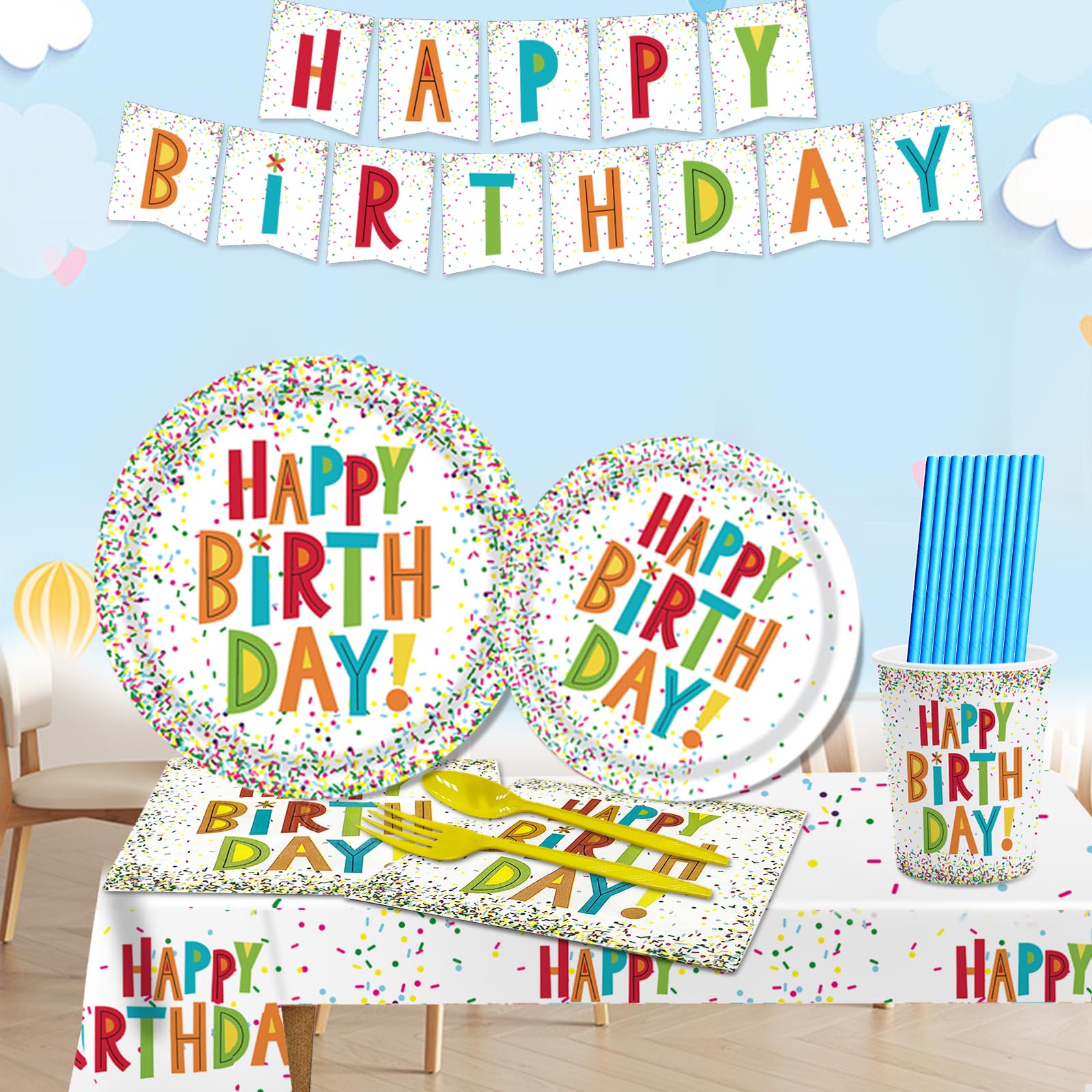 TeeFity 170 Pcs Confetti Birthday Party Tableware Set, Party Table Colorful Supplies Include Disposable Paper Plates, Napkins, Cups, Straws, Tablecloth, Banner and Forks Spoons for 24 Guests