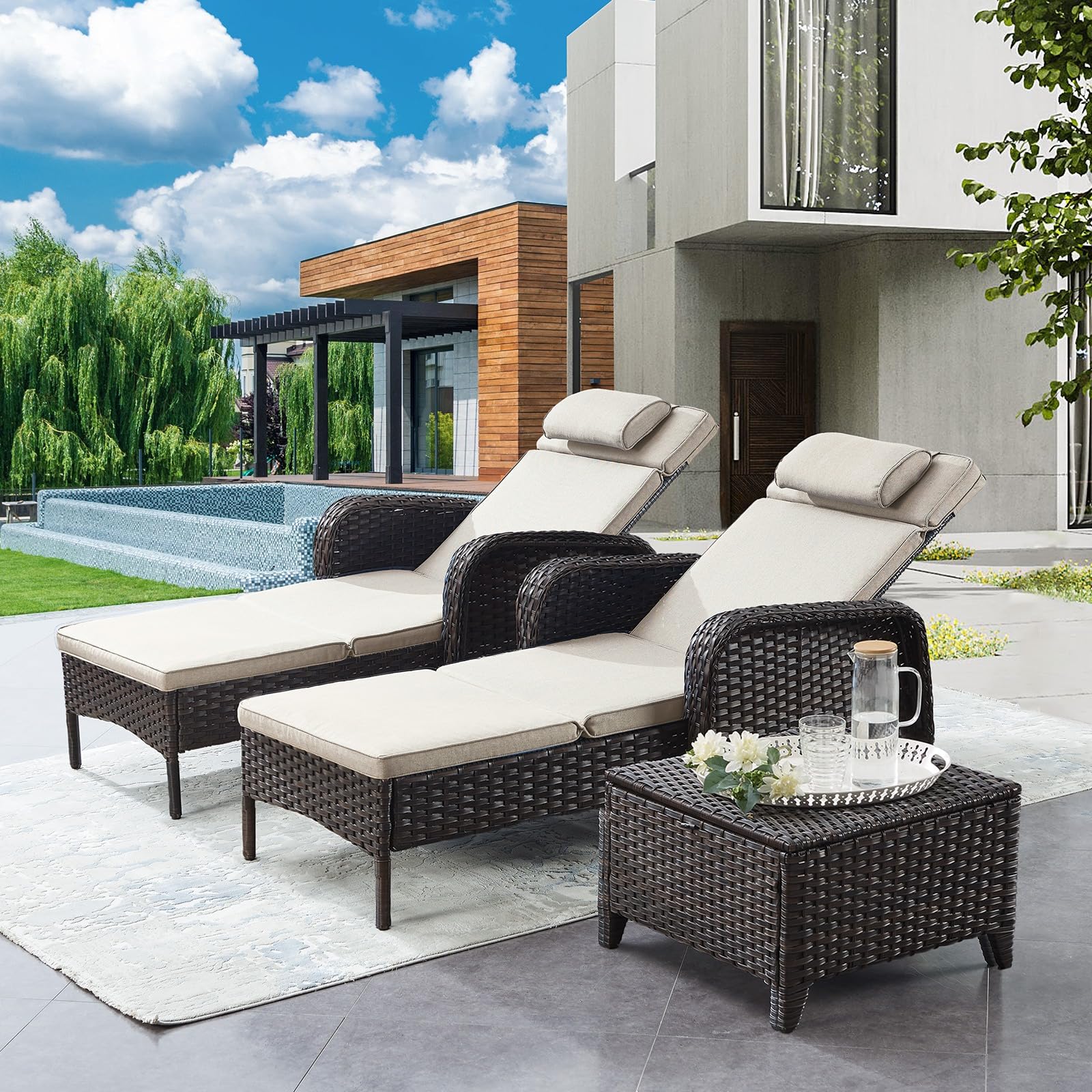 Belord Outdoor Chaise Lounge Patio Recliner - 75 Inch Adjustable Wicker Chaise Lounge with Soft Pillow Removable Cushions, All Weather Rattan Pool Lounge Chair for Poolside Deck Brown/Beige