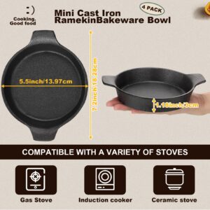 Vesici Mini Skillets for Cookies Cast Iron Ramekins 7.2x5.5x1.18 Cast Iron Pan, Small Cast Iron Pot, Mini Casserole Dish Bakeware Bowl for Serving Cast Iron Cookware Home Restaurant Kitchen(4 Pcs)