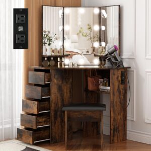 vowner vanity with lights - makeup vanity desk with power outlet, 3 color lighting options brightness adjustable, vanity table with 5 sliding drawers, shelves and stool for bedroom, rustic