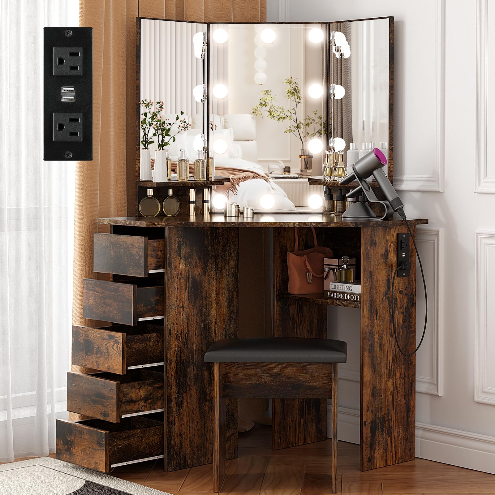 VOWNER Vanity with Lights - Makeup Vanity Desk with Power Outlet, 3 Color Lighting Options Brightness Adjustable, Vanity Table with 5 Sliding Drawers, Shelves and Stool for Bedroom, Rustic