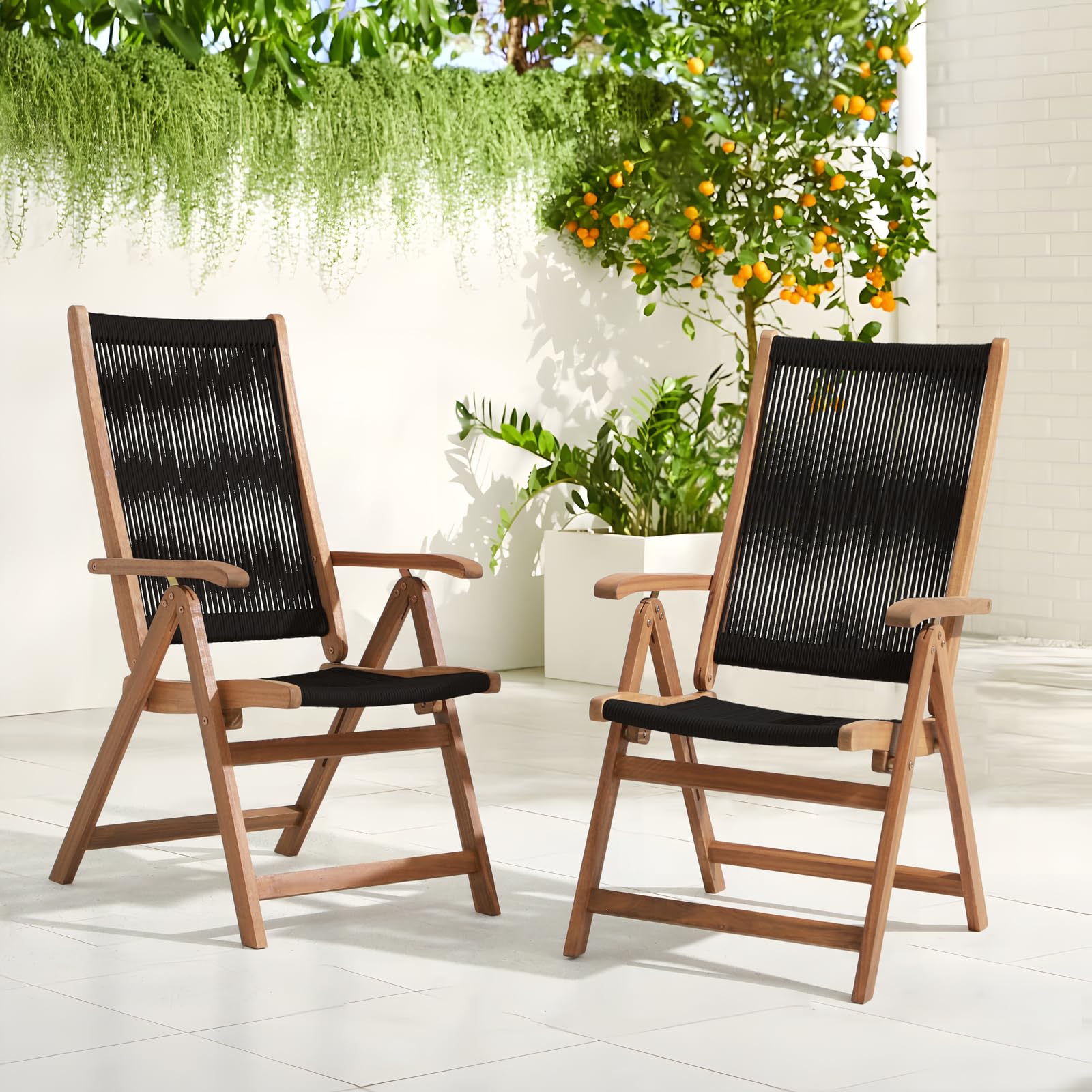 OC Orange-Casual Folding Patio Dining Chair Set of 2, Outdoor Acacia Wooden Rope Reclining Chair w/Armrest, FSC Certified Wood, for Porch, Backyard, Garden, Indoor, Black