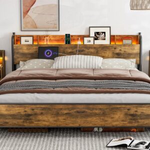 IKIFLY King Size Storage Headboard with Charging Station & LED Lights, Headboard for King Size Bed Frame, Industrial King Headboard Only with Storage for Bedroom, Attach Frame, Rustic Brown