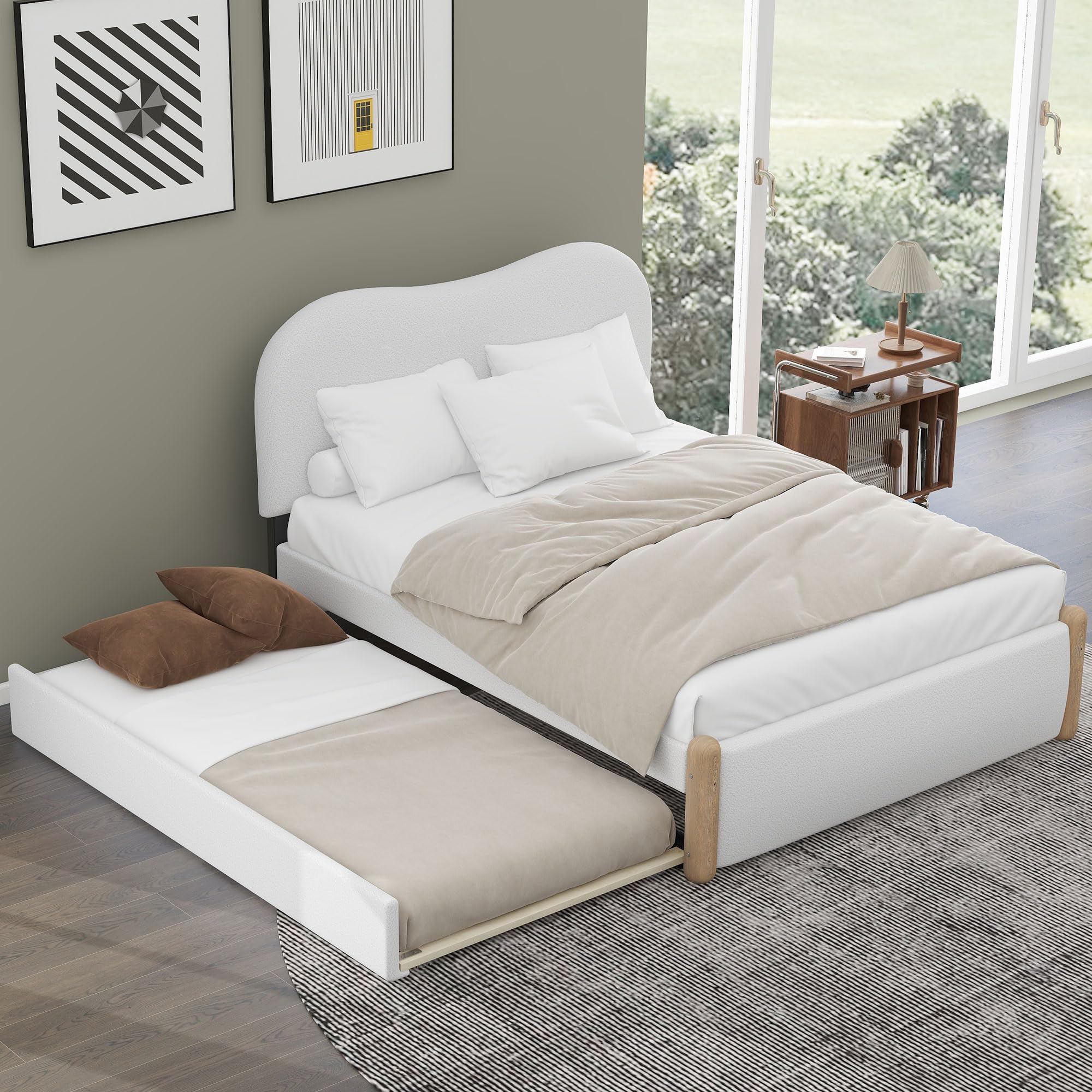 HomSof Full Size Upholstered Platform Bed with Wood Supporting Feet and Twin Size Trundle, White