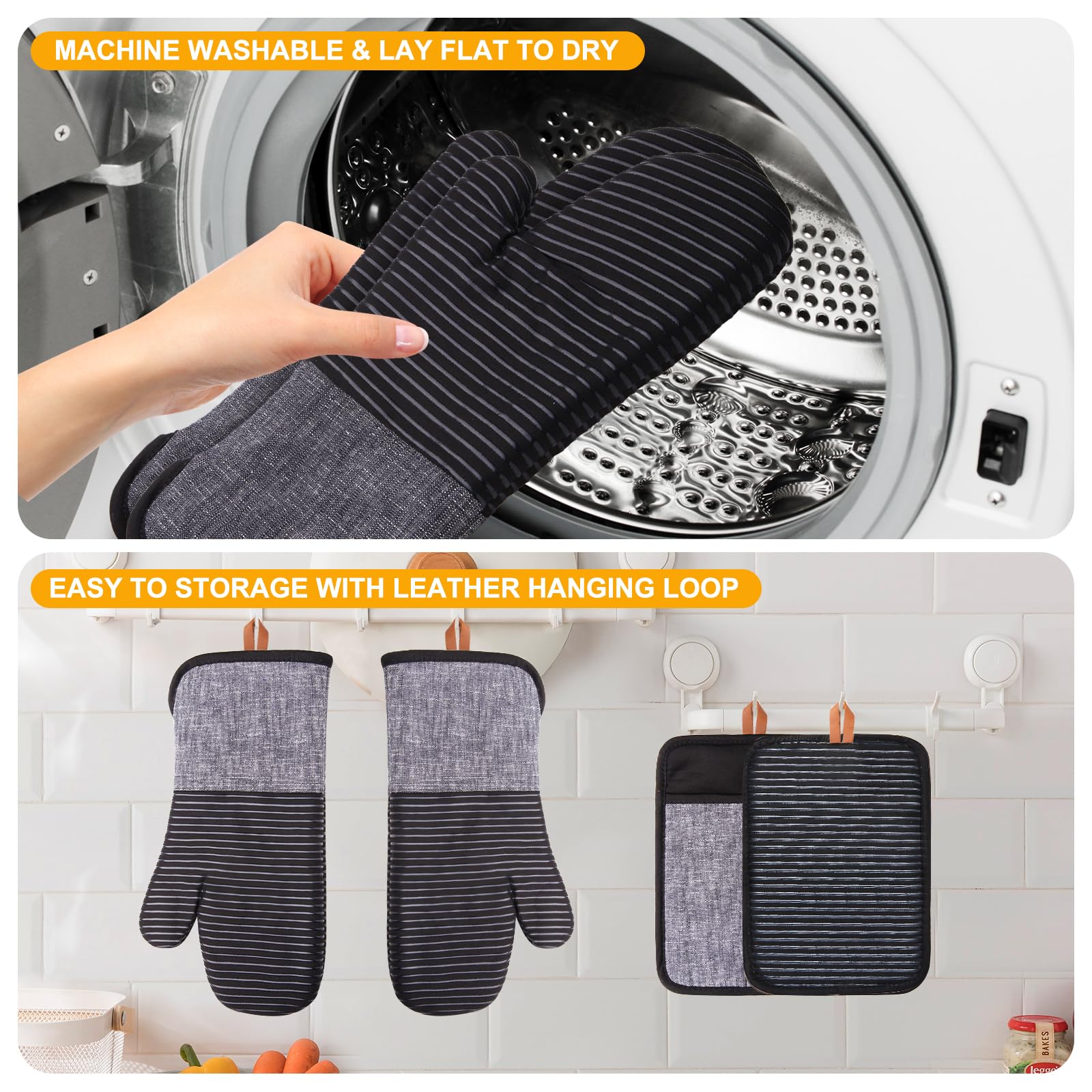 4PCS TIPTAP Oven Mitts, Kitchen Oven Mitts Set, Non Slip Cotton Oven Mitt and Pot Holders,Heat Resistant, Machine Washable,2 Long Mit and 2 Pot Holder(Black)