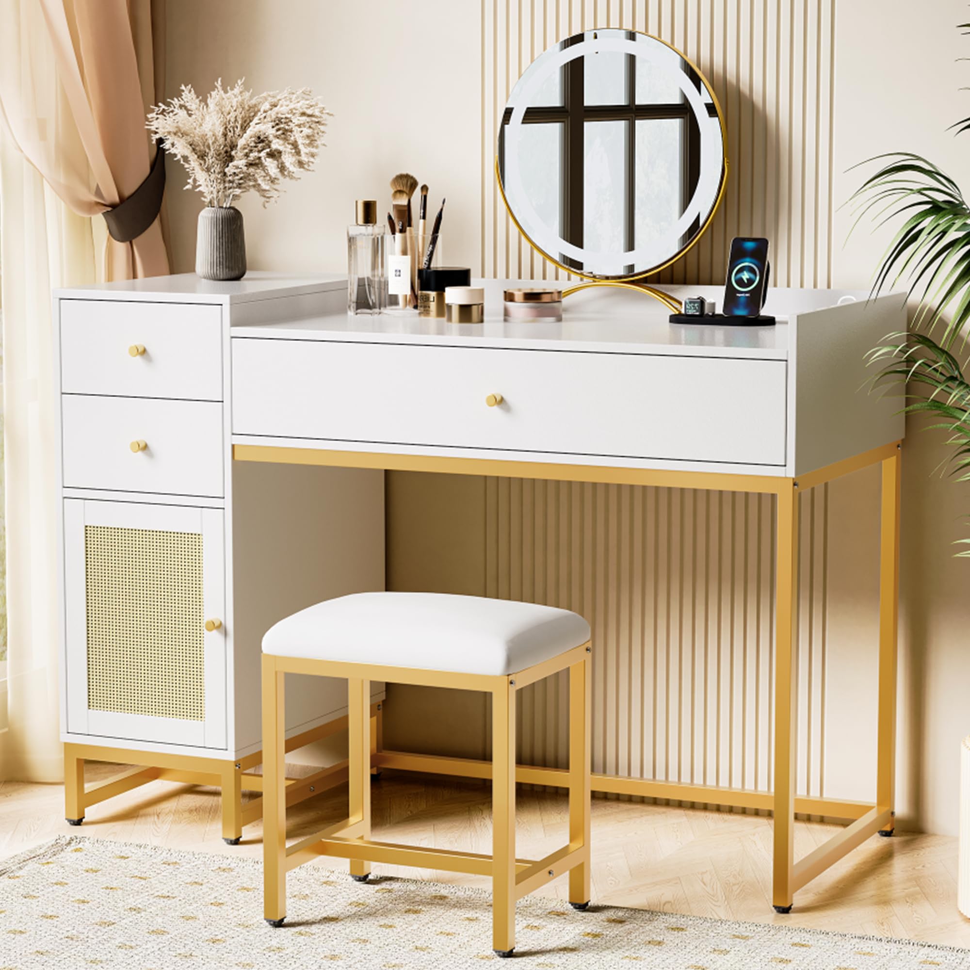 AWQM White Makeup Vanity Desk with Stools,Rattan Vanity Table Set with Power Outlet,Makeup Table Dressing Table with Drawers & Cabinet, Small Vanity Table for Bedroom with Storage,Without Mirror