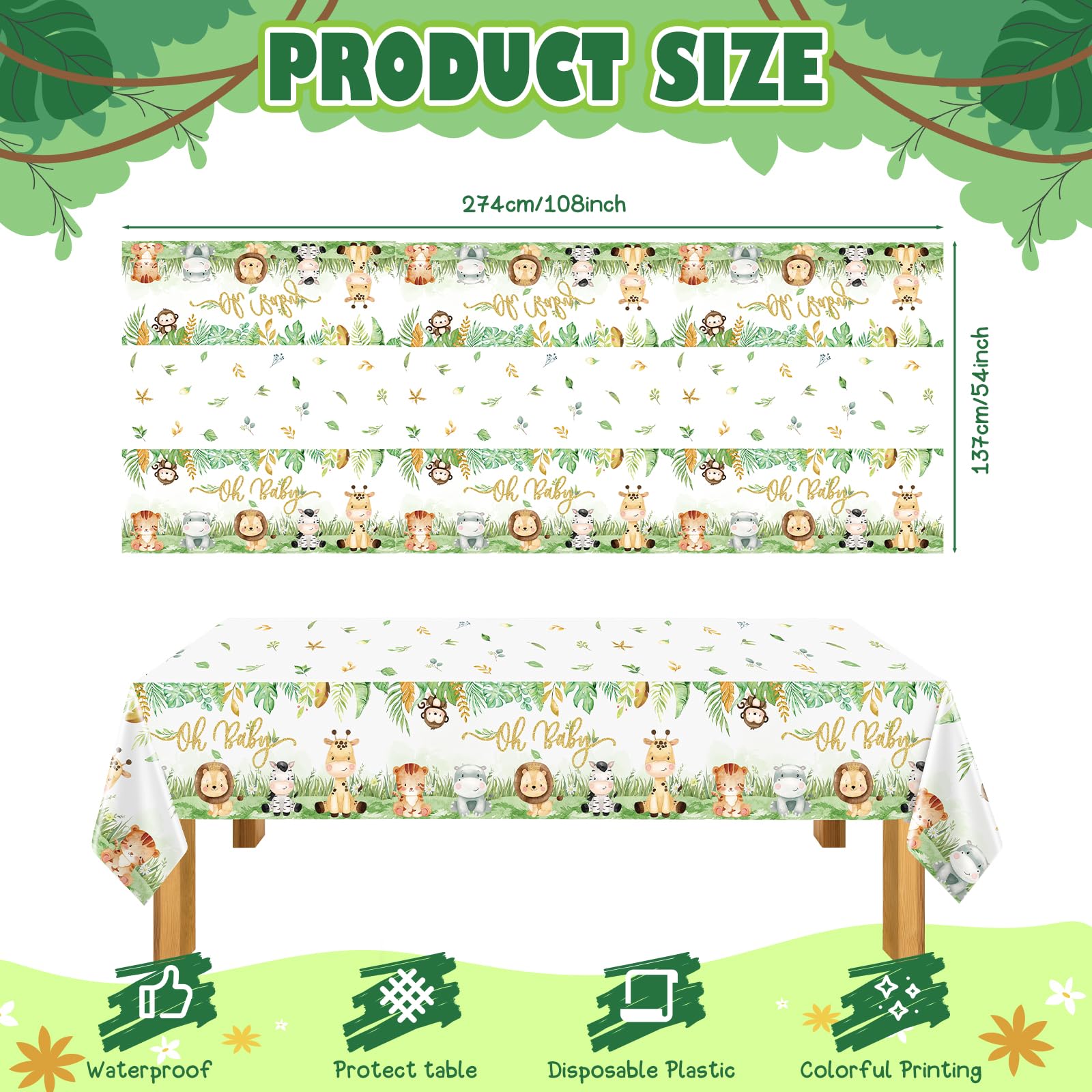 Weecent 6 Pcs Safari Baby Shower Tablecloths Jungle Animals Plastic Table Cloths,108×54 Inch Oh Baby Party Supplies Sage Green Baby Shower Decorations for Boys Kids