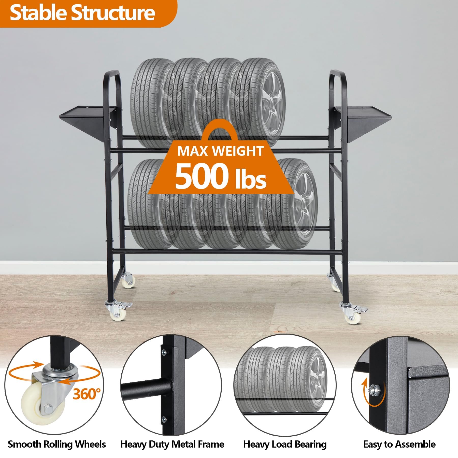 Neorexon Tire Storage Rack 44" x 44" x 18", Rolling Tire Rack Adjustable, Tire Rack for Garage Black w/4 Swivel Casters & 2 Storage Shelf for Garage Storage