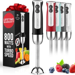 zulay immersion blender handheld - 800 watt hand blender with high-power turbo mode - durable stick blender with ultra-sharp stainless steel blades for effortless blending - black