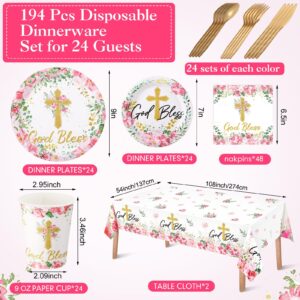 Yungyan 194 Pcs Baptism Plates and Napkins Tablecloth Cups Baptism Decorations Cross Disposable Holy Communion Set for Wedding Newborn Religious First Holy Communion Party Supplies