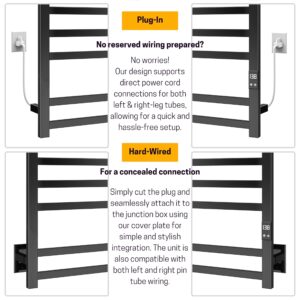 PeakTrivol 8-Bar Towel Warmer with Fast Heating, Auto Shut-Off Timer, Matte Black Finish - Hardwired or Plug-in Options - Ideal for Hot Towels in Bathroom