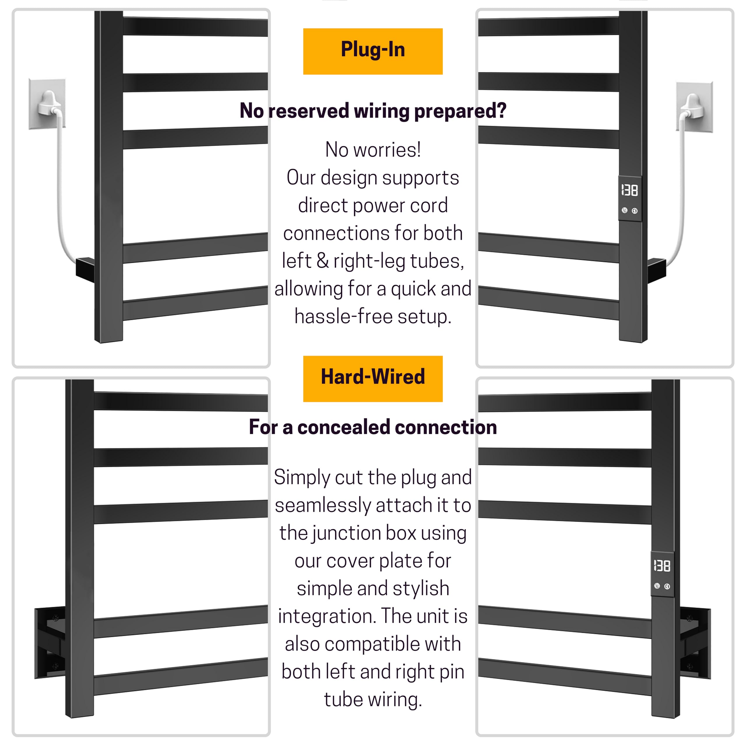 PeakTrivol 8-Bar Towel Warmer with Fast Heating, Auto Shut-Off Timer, Matte Black Finish - Hardwired or Plug-in Options - Ideal for Hot Towels in Bathroom