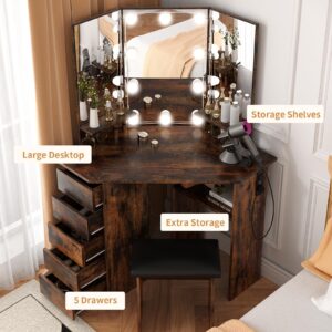 VOWNER Vanity with Lights - Makeup Vanity Desk with Power Outlet, 3 Color Lighting Options Brightness Adjustable, Vanity Table with 5 Sliding Drawers, Shelves and Stool for Bedroom, Rustic