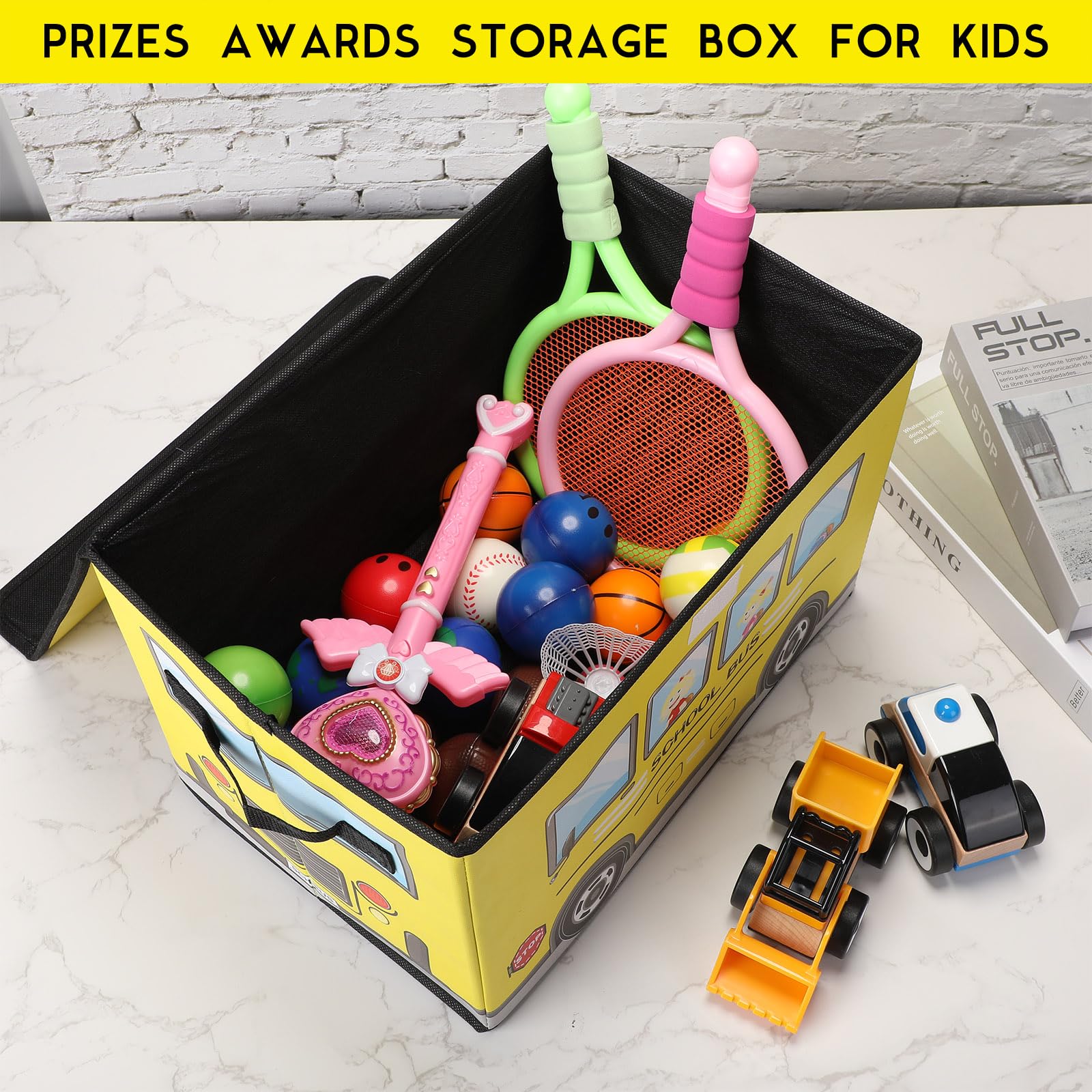 Sweetude 4 Pcs Prize Box for Classroom, School Bus Treasure Box Kids Foldable Chest Storage Box Kids Toy Chest with Lid Treasure Storage Organizer Bin for Kids Teachers Toy Prizes Awards for Students