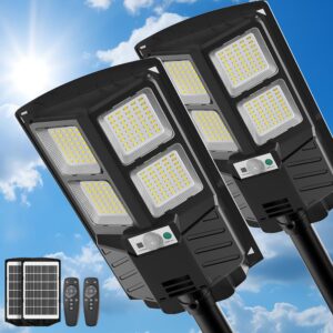 rklamptech solar street lights dusk to dawn solar parking lot lights with motion sensor remote control, commercial solar lights for outside, backyard, garage, farm, garden - 2 pack - 400w