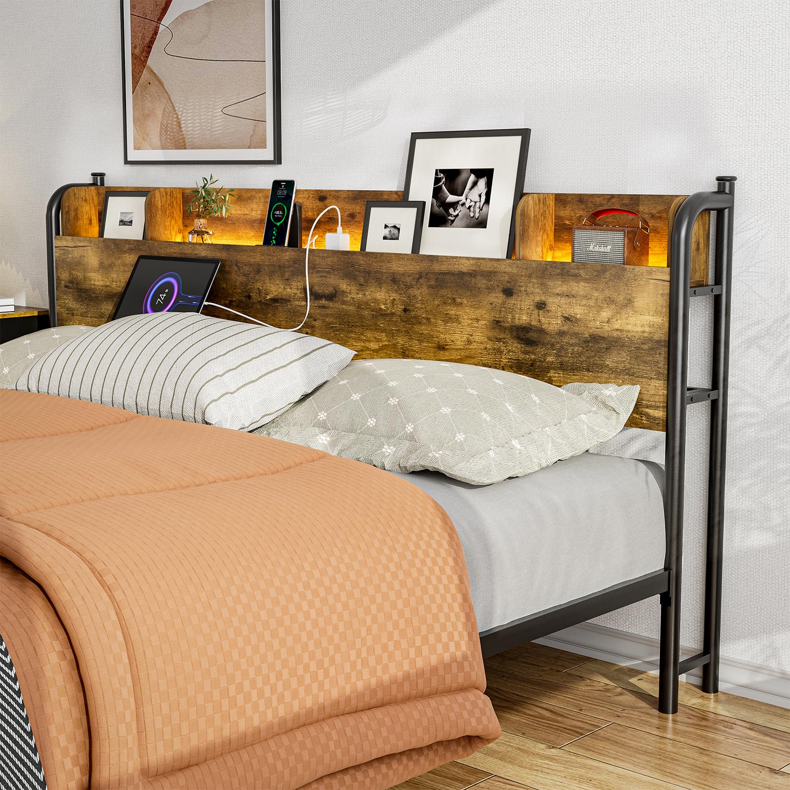 IKIFLY King Size Storage Headboard with Charging Station & LED Lights, Headboard for King Size Bed Frame, Industrial King Headboard Only with Storage for Bedroom, Attach Frame, Rustic Brown