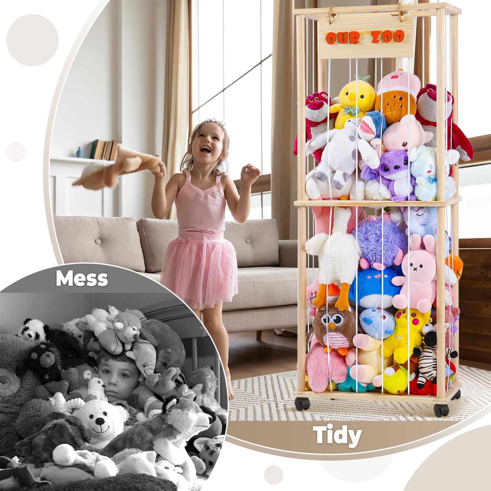 Purelax Stuffed Animal Zoo Storage - Wood Zoo Animals Toy Holder with Wheel, Animal Cage Organizer, Ball Storage, Zoo Cage for Plush Toys for Playroom Bedroom Nursery Room