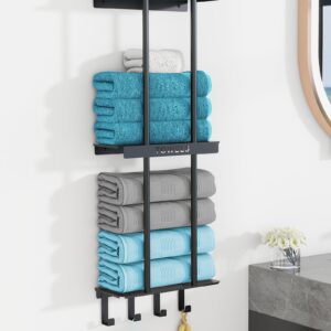 Bathroom Towel Rack with Shelf, New Upgrade 3 Tier Towel Storage Rack for Bathroom Wall Mounted with 4 Hooks, Wall Towel Holder for Rolled Towels, Towel Shelf for Small Bathroom, Matte Black