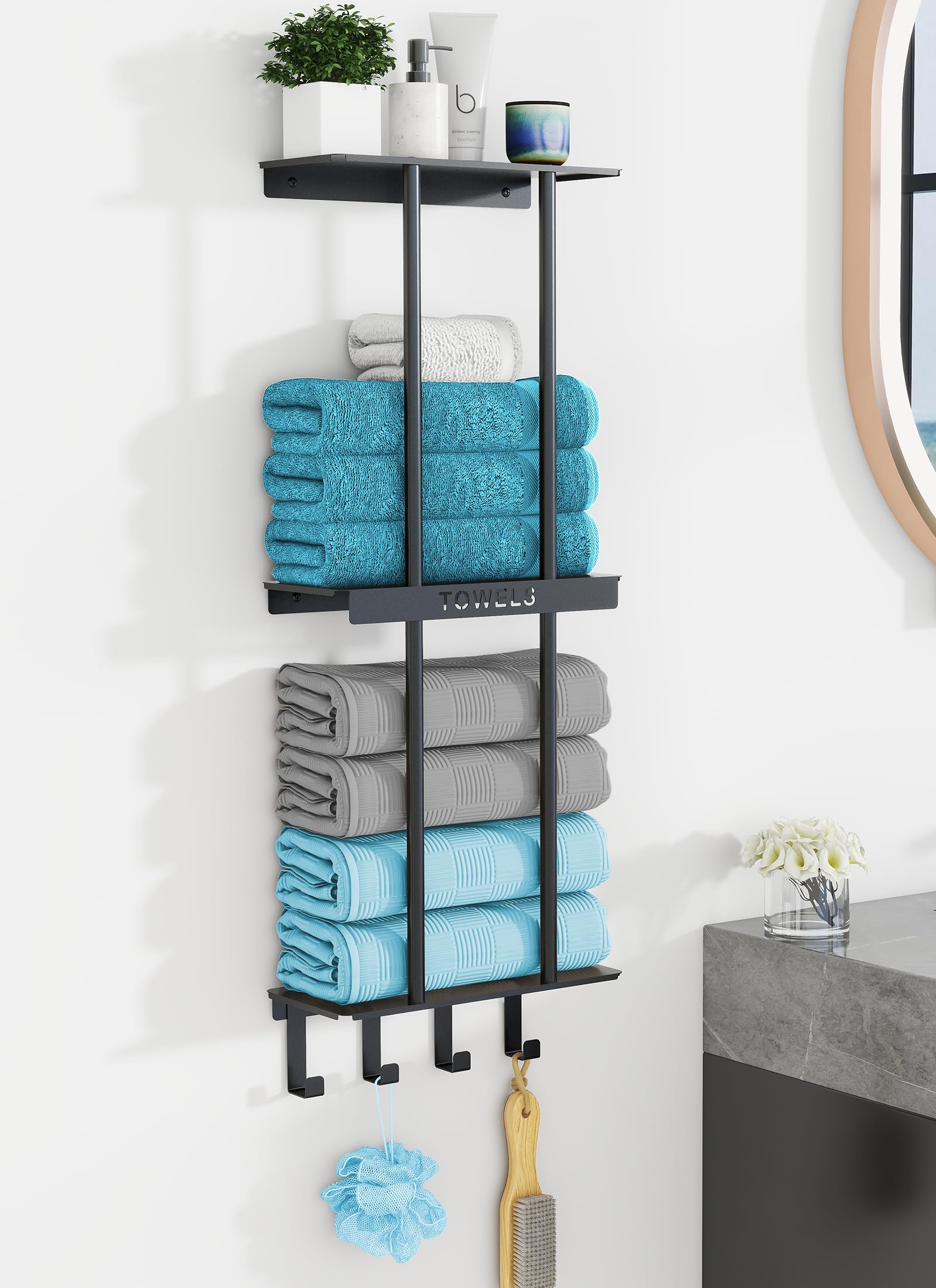 Bathroom Towel Rack with Shelf, New Upgrade 3 Tier Towel Storage Rack for Bathroom Wall Mounted with 4 Hooks, Wall Towel Holder for Rolled Towels, Towel Shelf for Small Bathroom, Matte Black