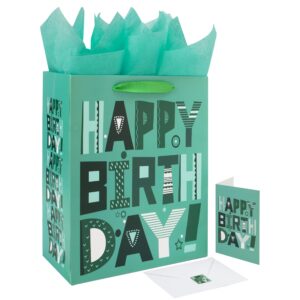 16.5" extra large green gift bags set with greeting card and tissue papers (cartoon happy birthday) for men's or women's birthday party, boys', girls', or kids' party, baby shower, baby boy or girl -