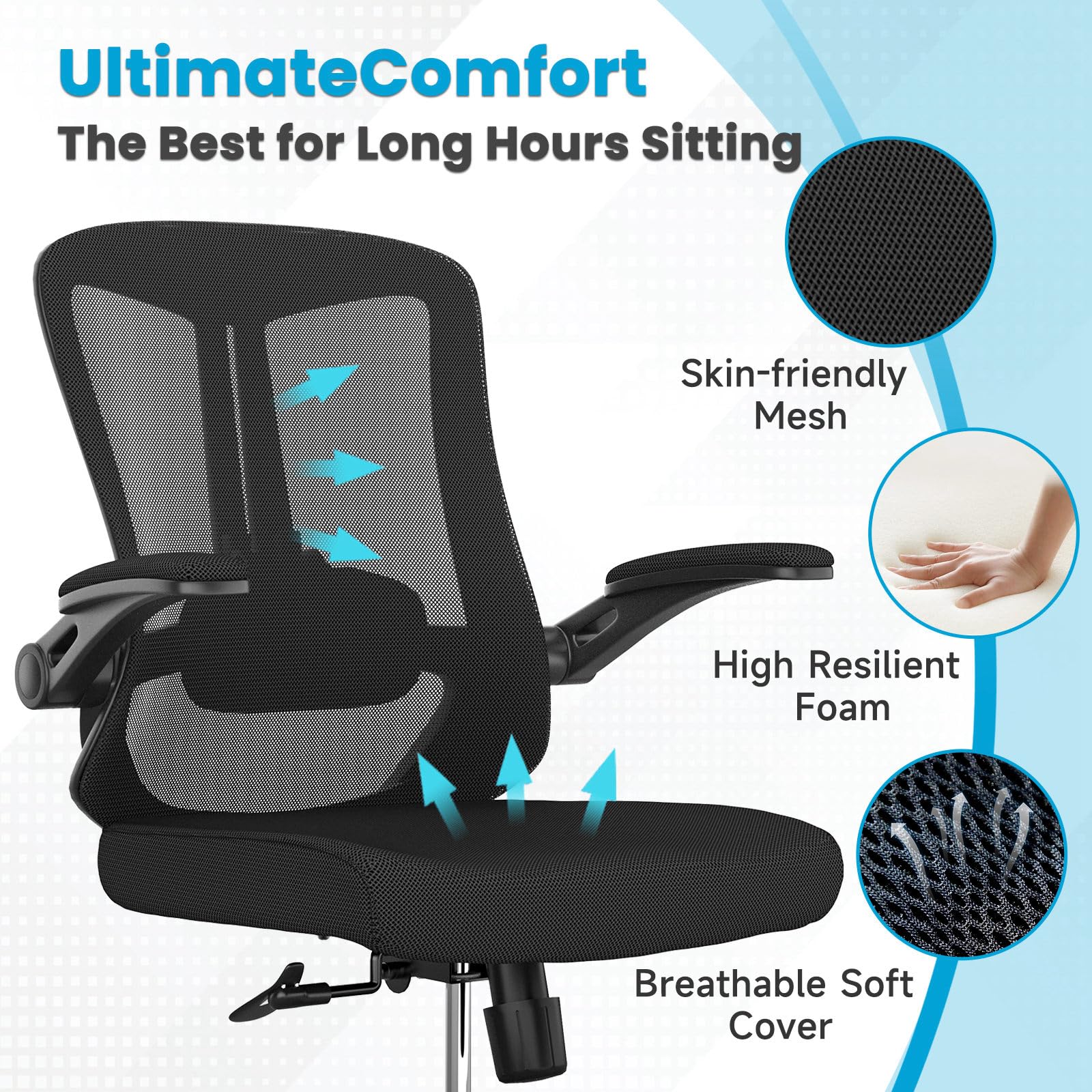 LaoJawBow Ergonomic Office Chair - Comfy Desk Chairs with Wheels and Arms, 400LB Heavy Duty Mesh Computer Chairs with Comfortable Lumbar Back Support for Home Office, Bedroom, Study and College Dorm