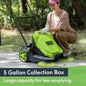 GreenSweep - Walk Behind Manual Push Floor Sweeper - 5 Gallon Capacity - Easy Storage - Outdoor Use - Additonal Heavy Duty Brush Set