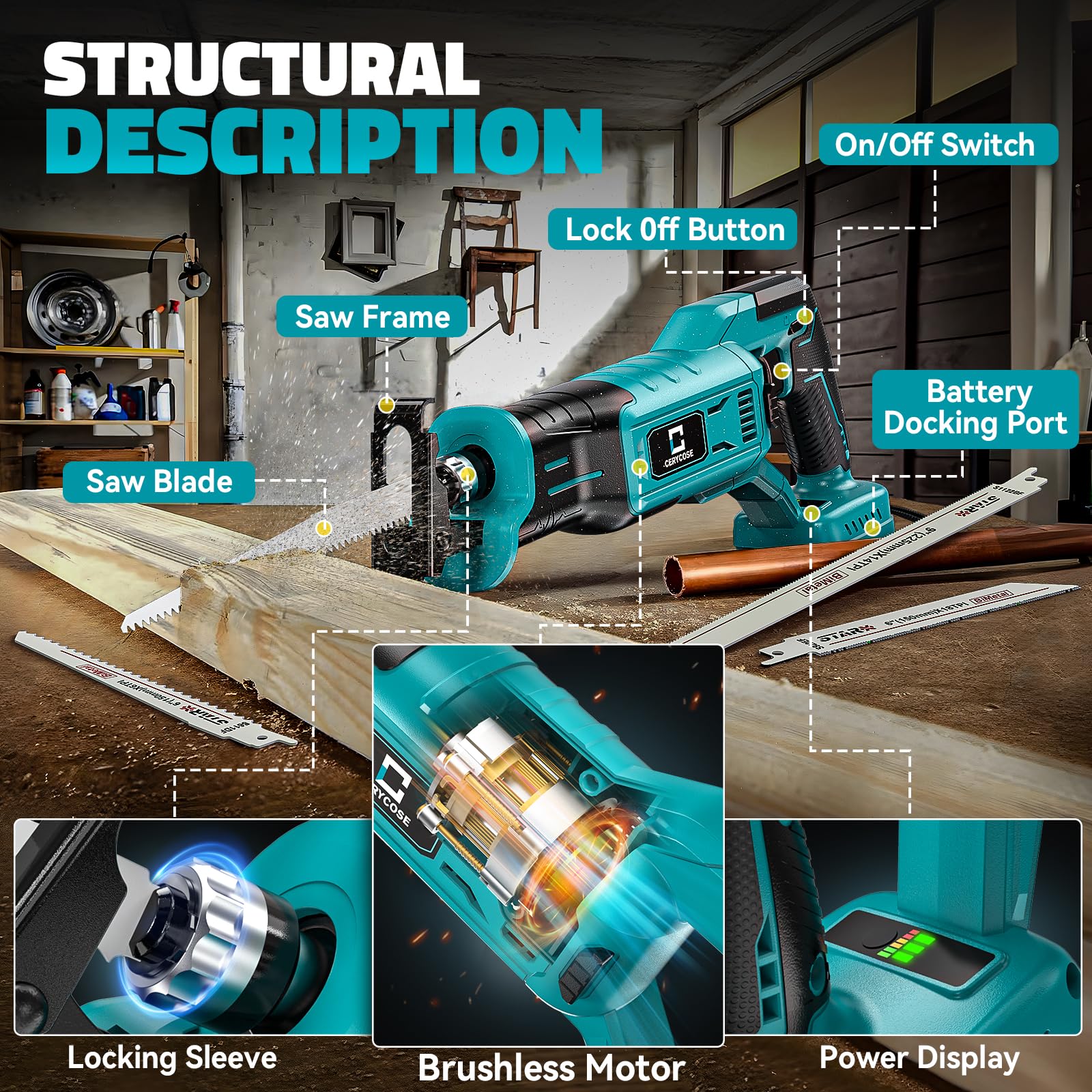 Cordless Reciprocating Saw for Makita 18V Battery,Cerycose Brushless Recipro Saw,Variable Speed 1" Stroke Length,3200 SPM,Toolless Blade Change, 4 Saw Blades for Metal/Wood/PVC Cutting Tool Only