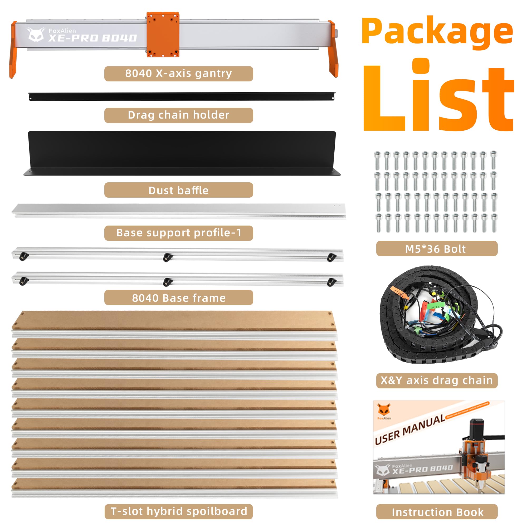 FoxAlien XE-PRO 8040 Extension Kit with Upgraded Hybrid Spoilboard for X-axis, Compatible with XE-PRO CNC Router Machine