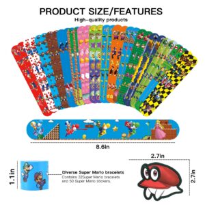 HHMJZW 32PCS Mario Bros Slap Bracelet Toys and 50 PCS cartoon Mario Bros party stickers carnival prizes - for Kids Boys & Girls Birthday Party Supplies Favors