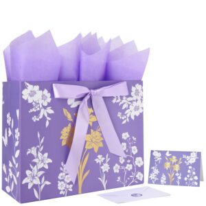 13" large purple gift bag set with greeting card and lavender tissue papers (gold foil tree) for women's birthday party, mother's day, wedding, girls