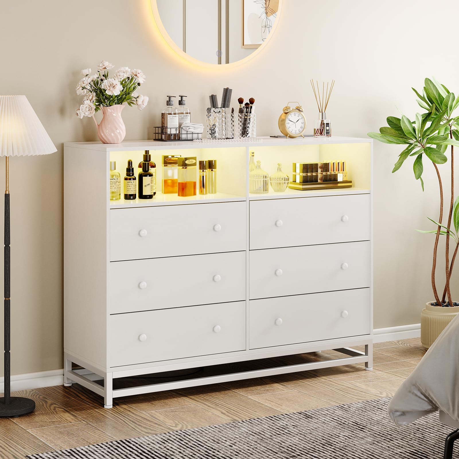 Jojoka Wide Dresser for Bedroom with Charging Station, 6 Drawer Dresser with LED Lights, Modern Large Capacity Storage Cabinet, Closet,White