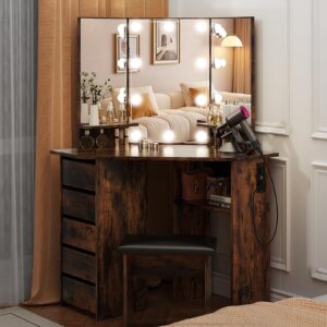 VOWNER Vanity with Lights - Makeup Vanity Desk with Power Outlet, 3 Color Lighting Options Brightness Adjustable, Vanity Table with 5 Sliding Drawers, Shelves and Stool for Bedroom, Rustic