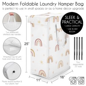 Sweet Jojo Designs Boho Rainbow Girl Laundry Hamper Foldable Dirty Clothes Basket with Handles Baby Nursery Kids Bedroom Teen Bathroom Blush Pink Yellow Bohemian Modern Neutral Vintage Gold Stars Sky