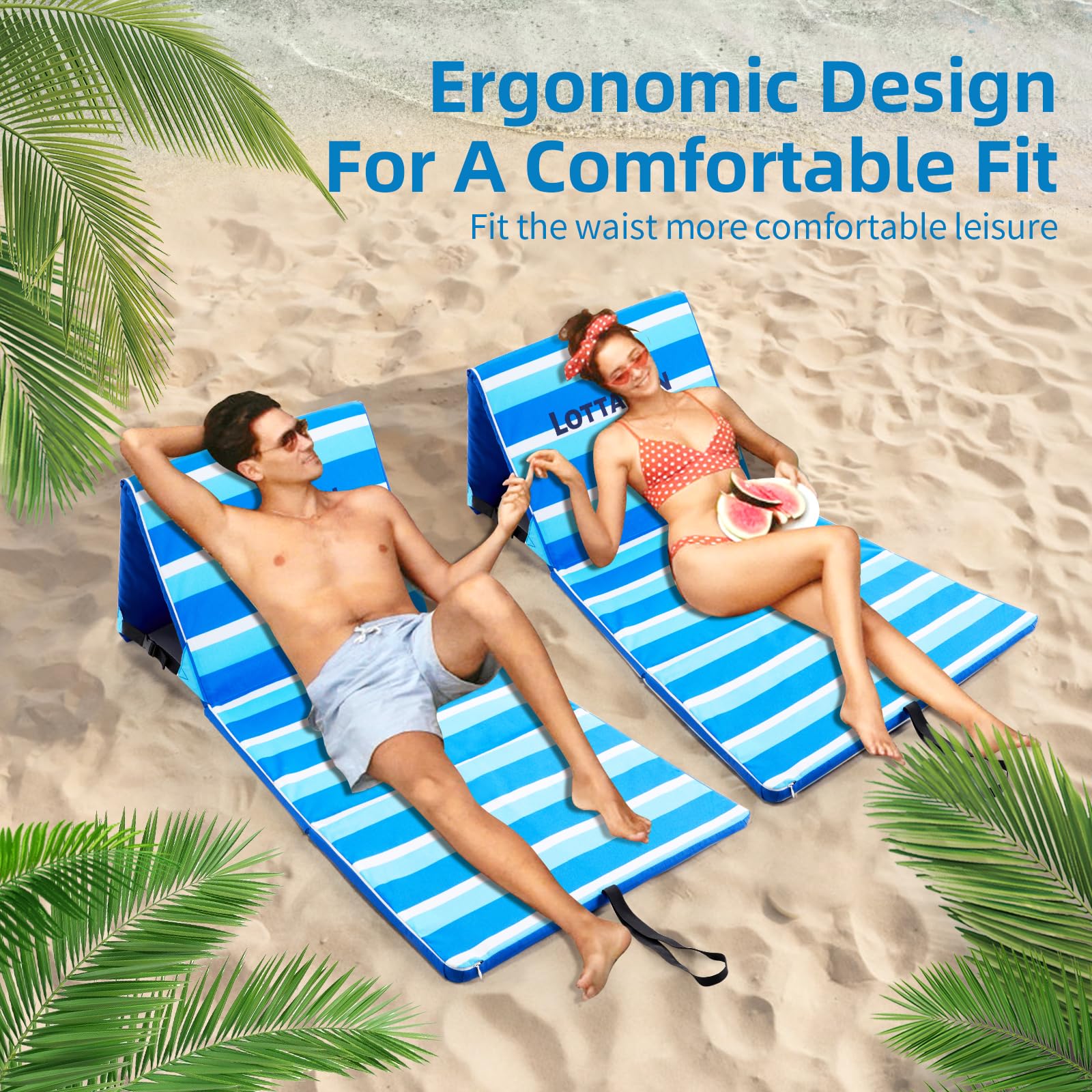 LOTTAFUN Portable Beach Chair with Back Support, Folding Beach Lounge Chair for Adults Adjustable Beach Mat Lightweight Tanning Chair for Outdoor Sand Camping Sunbathing