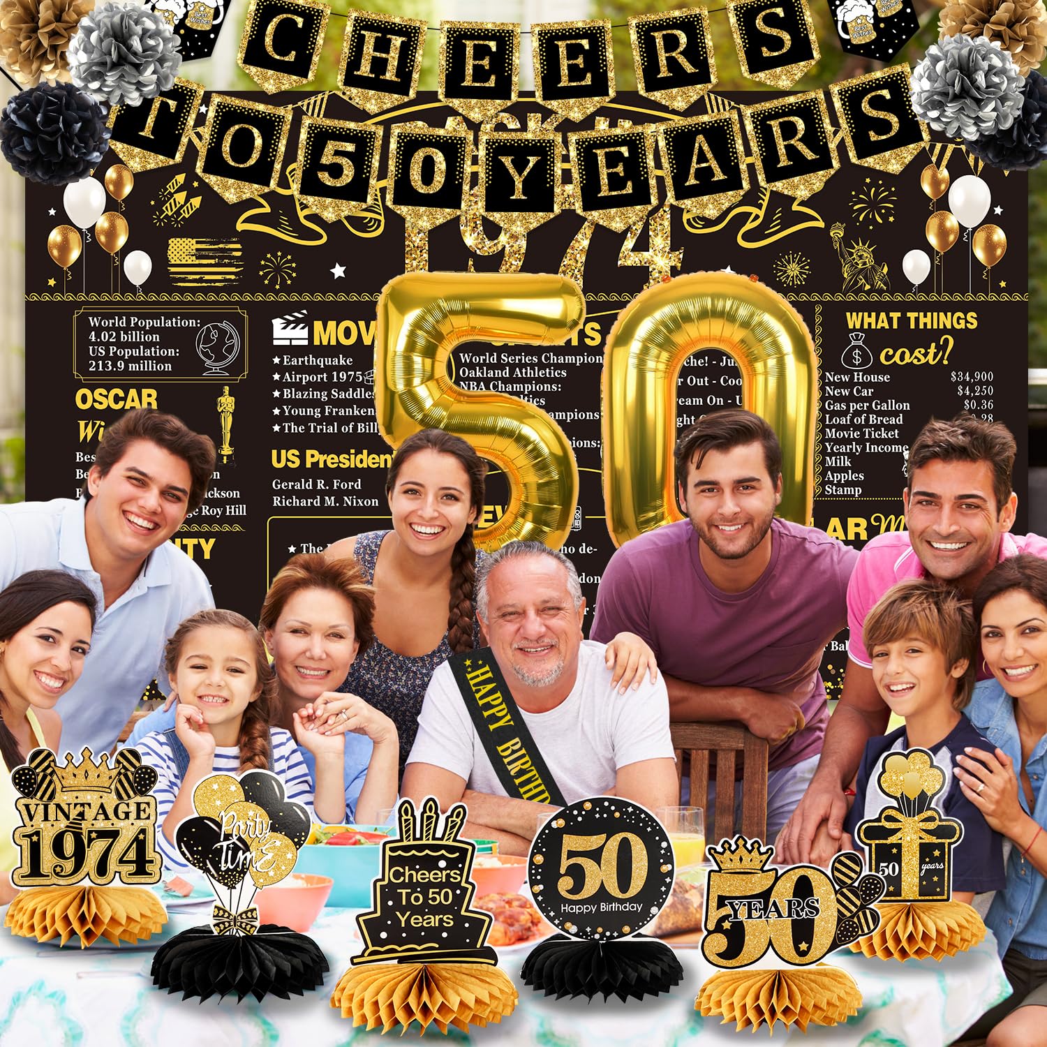 50th Birthday Decorations for Men Women,27PCS 1974 Banner Decorations,Including 1974 Banner,9 Honeycomb Topper,50 Balloons,Anniversary Card,Cheers to 50 Years Banner,7 Hanging Swirl,6 Paper Poms,Sash