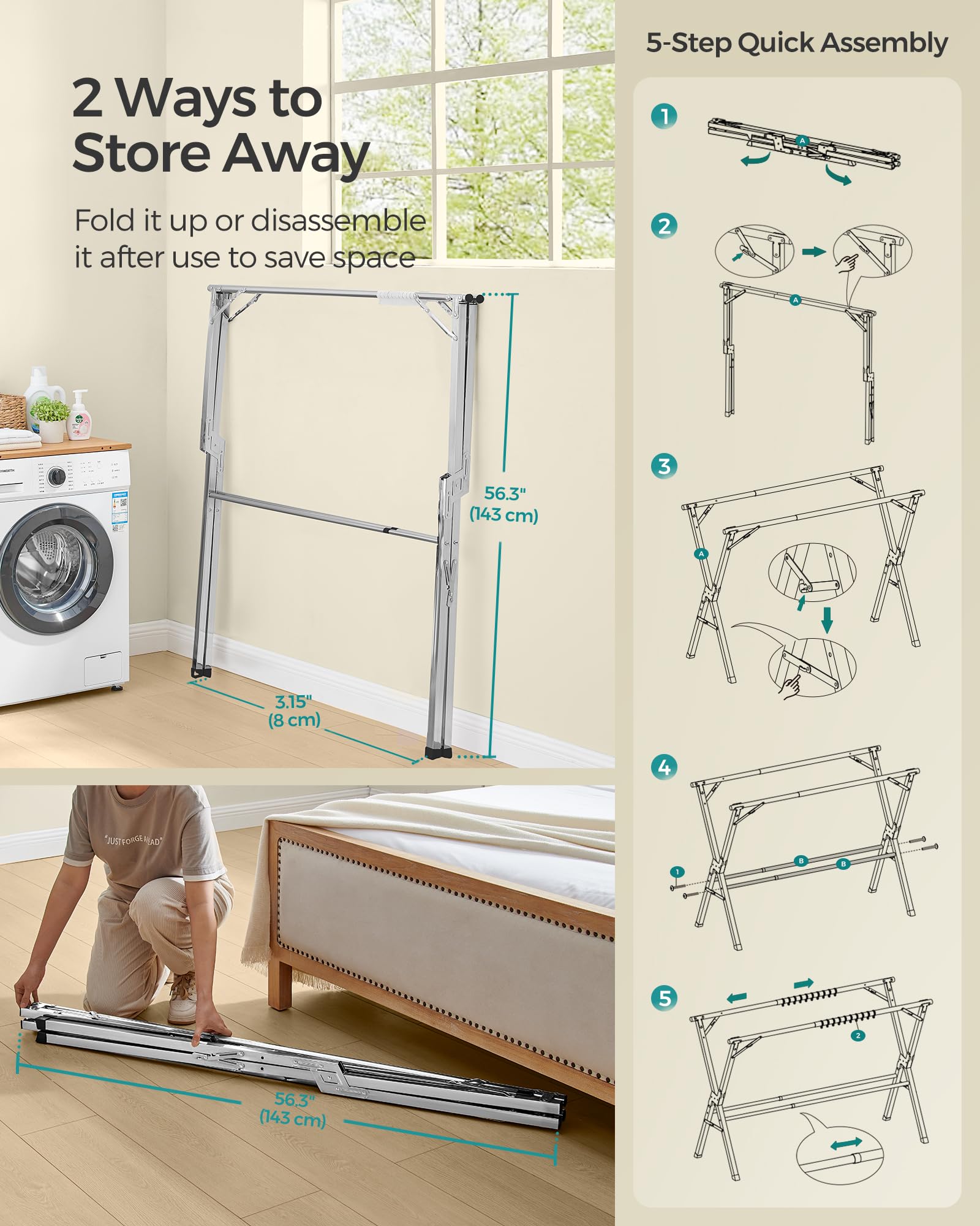 SONGMICS Clothes Drying Rack, Heavy-Duty Laundry Drying Rack, 52.4-78.7 Inches Extendable, Foldable Freestanding Airer, Stainless Steel, for Indoor Outdoor Use, Dove Gray ULLR902E01