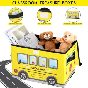 Sweetude 4 Pcs Prize Box for Classroom, School Bus Treasure Box Kids Foldable Chest Storage Box Kids Toy Chest with Lid Treasure Storage Organizer Bin for Kids Teachers Toy Prizes Awards for Students