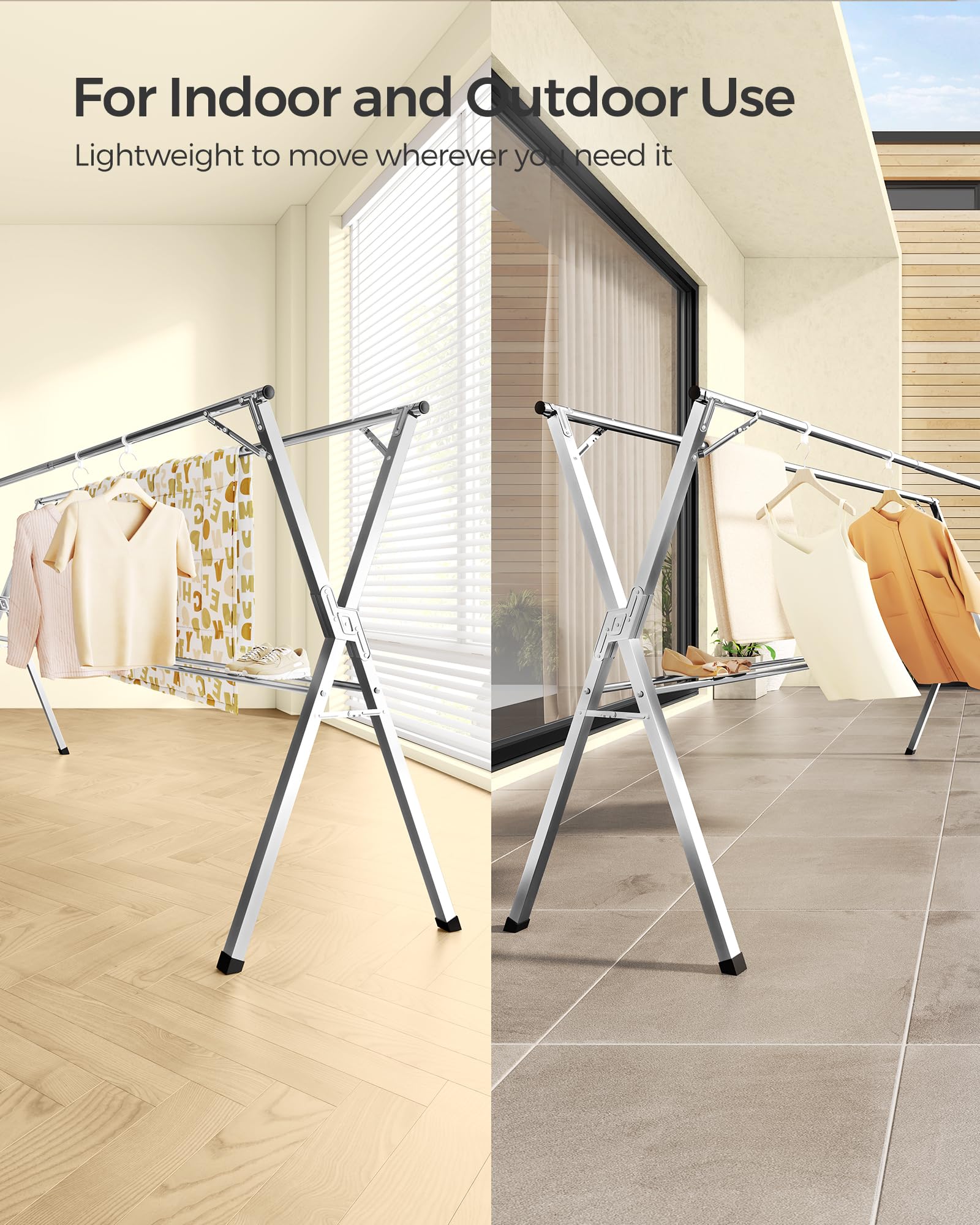 SONGMICS Clothes Drying Rack, Heavy-Duty Laundry Drying Rack, 52.4-78.7 Inches Extendable, Foldable Freestanding Airer, Stainless Steel, for Indoor Outdoor Use, Dove Gray ULLR902E01