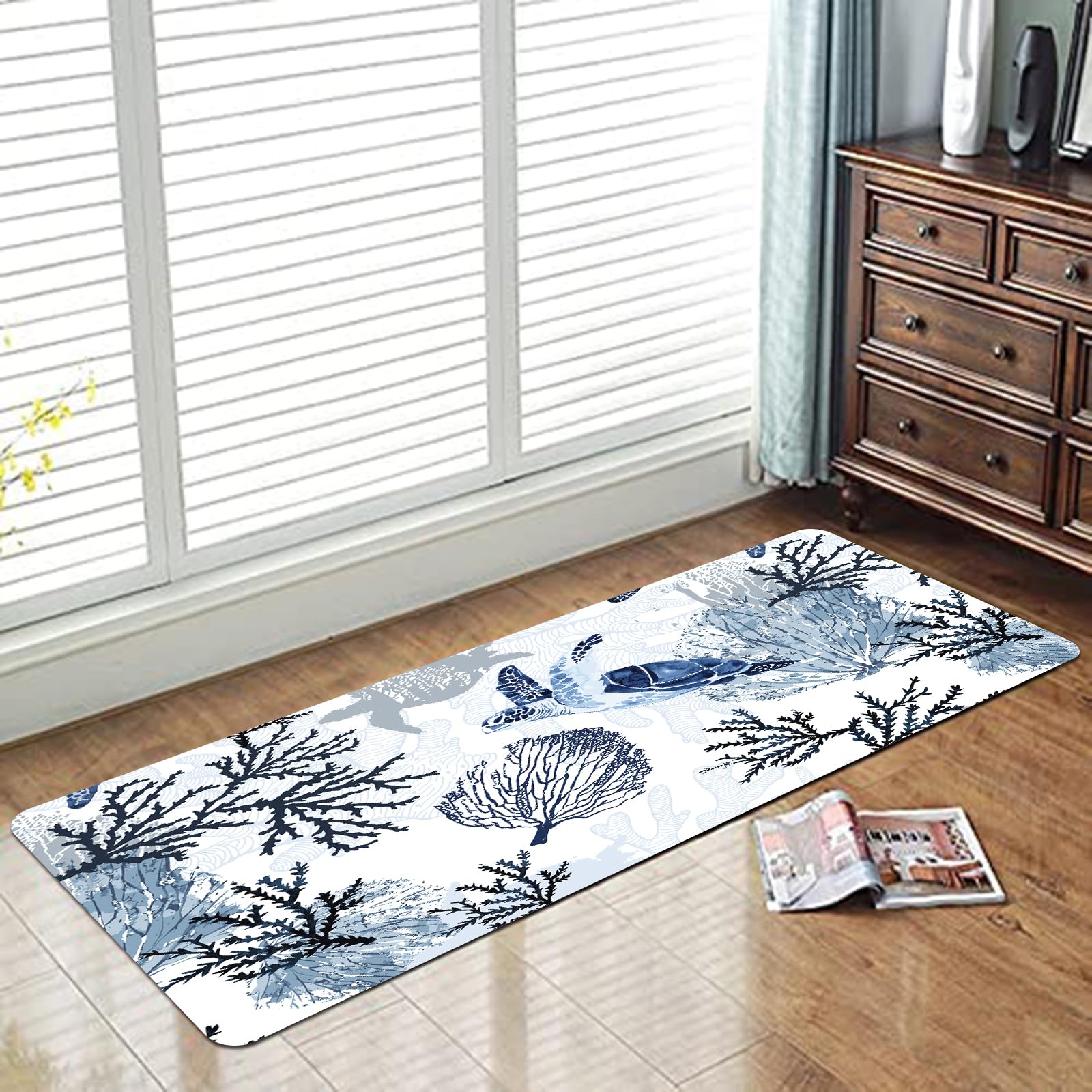 Coastal Beach Runner Rug for Hallway 2x6 Decorative Coral Sea Turtle Hallway Rugs Nautical Throw Rug Navy Blue Area Rug Non-Slip Floor Carpet for Bedroom Living Room Entrance Door Mat Washable Rug