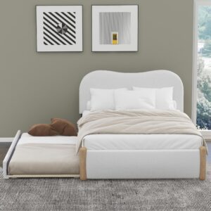 HomSof Full Size Upholstered Platform Bed with Wood Supporting Feet and Twin Size Trundle, White