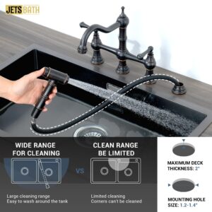 JetsBath Oil Rubbed Bronze Brass Bridge Kitchen Faucet with Side Sprayer, Deck Mount Kitchen Sink Faucet with 2 Handle, 8” Centerset Kitchen Faucets for Sink 4 Hole, Swiveling Spout Kitchen Faucet