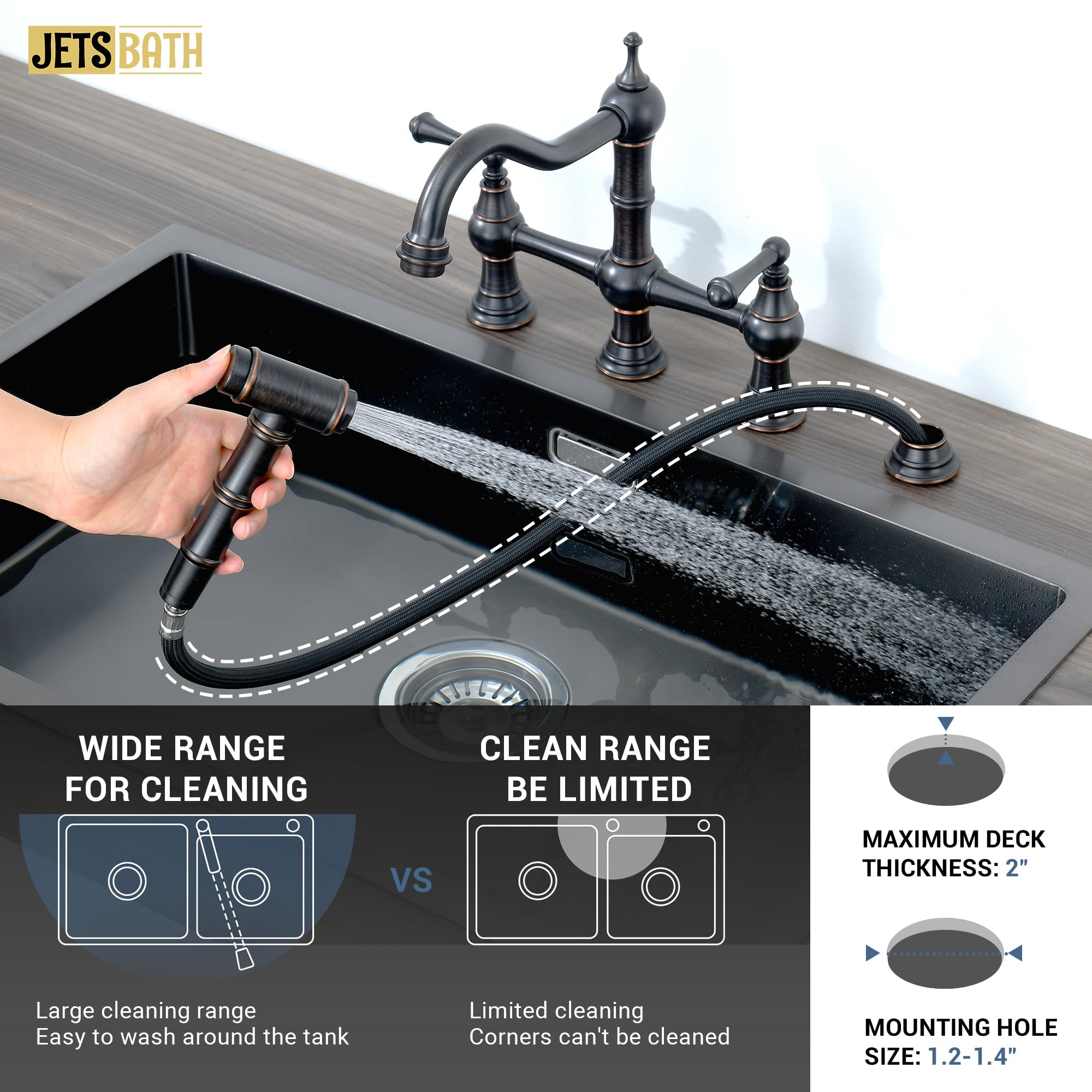 JetsBath Oil Rubbed Bronze Brass Bridge Kitchen Faucet with Side Sprayer, Deck Mount Kitchen Sink Faucet with 2 Handle, 8” Centerset Kitchen Faucets for Sink 4 Hole, Swiveling Spout Kitchen Faucet