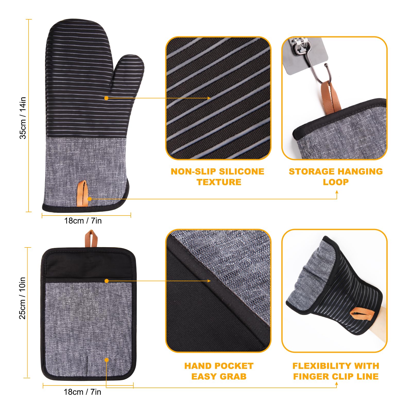 4PCS TIPTAP Oven Mitts, Kitchen Oven Mitts Set, Non Slip Cotton Oven Mitt and Pot Holders,Heat Resistant, Machine Washable,2 Long Mit and 2 Pot Holder(Black)